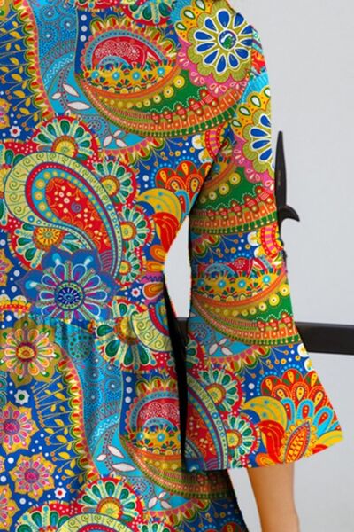 Paisley Print Round Neck Three-Quarter Sleeve Dress BLUE ZONE PLANET