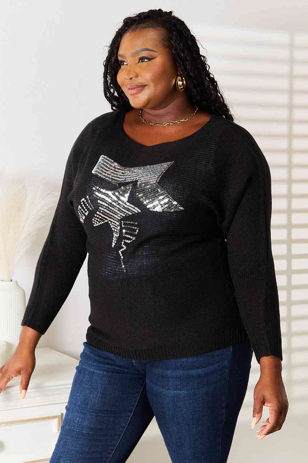 Double Take Sequin Graphic Dolman Sleeve Knit Top BLUE ZONE PLANET