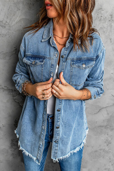 Blue Zone Planet | Button Up Pocketed Raw Hem Denim Jacket BLUE ZONE PLANET