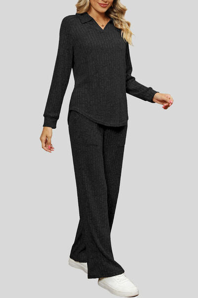 Blue Zone Planet | Ribbed Long Sleeve Top and Pocketed Pants Set BLUE ZONE PLANET