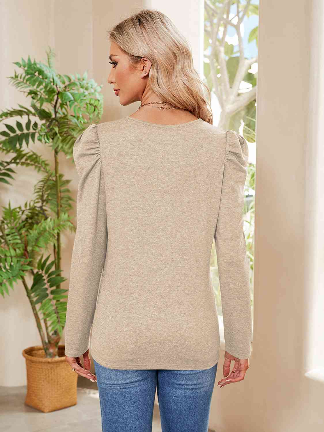 Buttoned Round Neck Puff Sleeve T-Shirt BLUE ZONE PLANET
