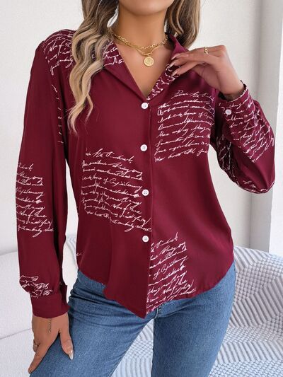 Blue Zone Planet | Letter Printed Button Up Long Sleeve Blouse BLUE ZONE PLANET