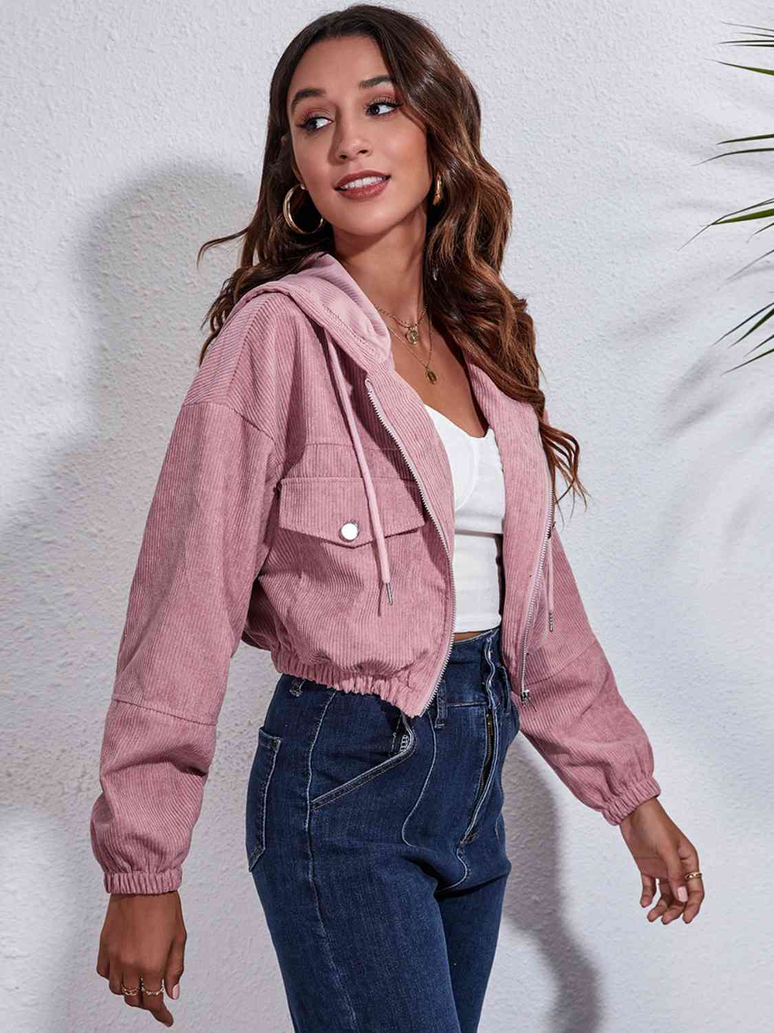Drawstring Hooded Zip Up Jacket with Pockets BLUE ZONE PLANET