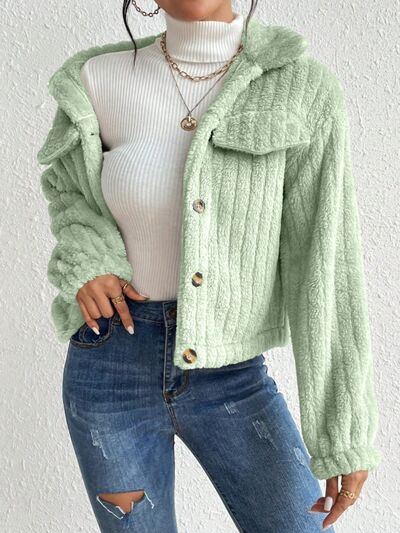 Blue Zone Planet | Fuzzy Button Up Collared Neck Jacket BLUE ZONE PLANET