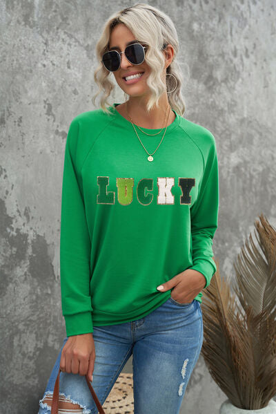 Blue Zone Planet | LUCKY Round Neck Raglan Sleeve Sweatshirt BLUE ZONE PLANET
