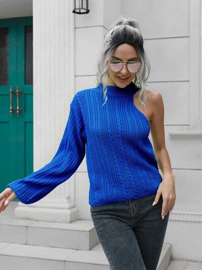 Blue Zone Planet | Cable-Knit Round Neck Asymmetrical Sweater BLUE ZONE PLANET