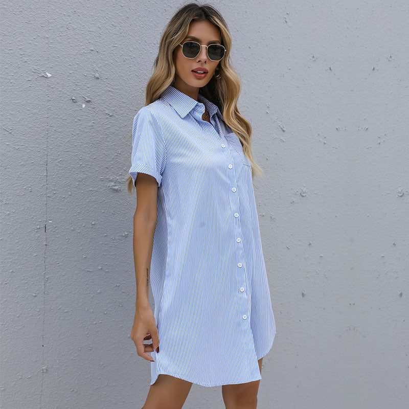 Blue Zone Planet |  Short Sleeve Lapel Striped Shirt Mini Dress BLUE ZONE PLANET