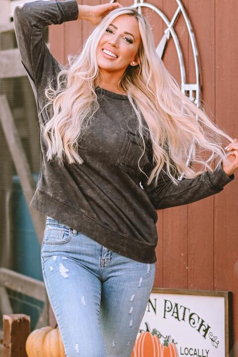 Blue Zone Planet | Acid Wash Round Neck Dropped Shoulder Sweatshirt BLUE ZONE PLANET