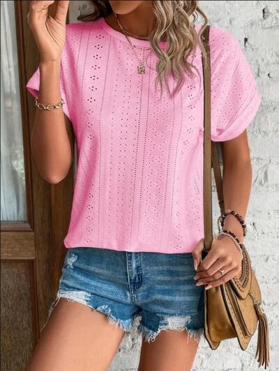 Blue Zone Planet | Eyelet Round Neck Short Sleeve T-Shirt BLUE ZONE PLANET