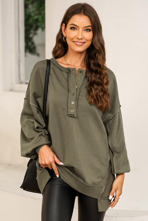 Buttoned Dropped Shoulder Sweatshirt BLUE ZONE PLANET
