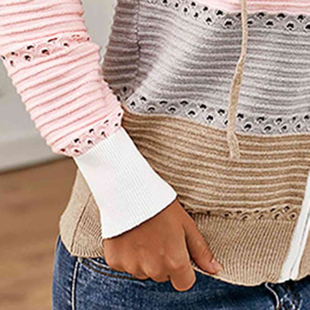 Color Block Drawstring Hooded Sweater BLUE ZONE PLANET