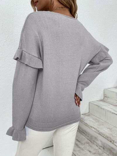 Blue Zone Planet | Ruffled V-Neck Dropped Shoulder Sweater BLUE ZONE PLANET