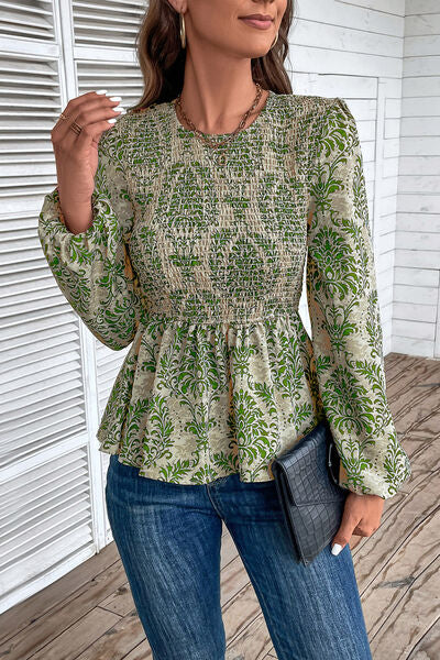Blue Zone Planet | Smocked Printed Balloon Sleeve Blouse BLUE ZONE PLANET