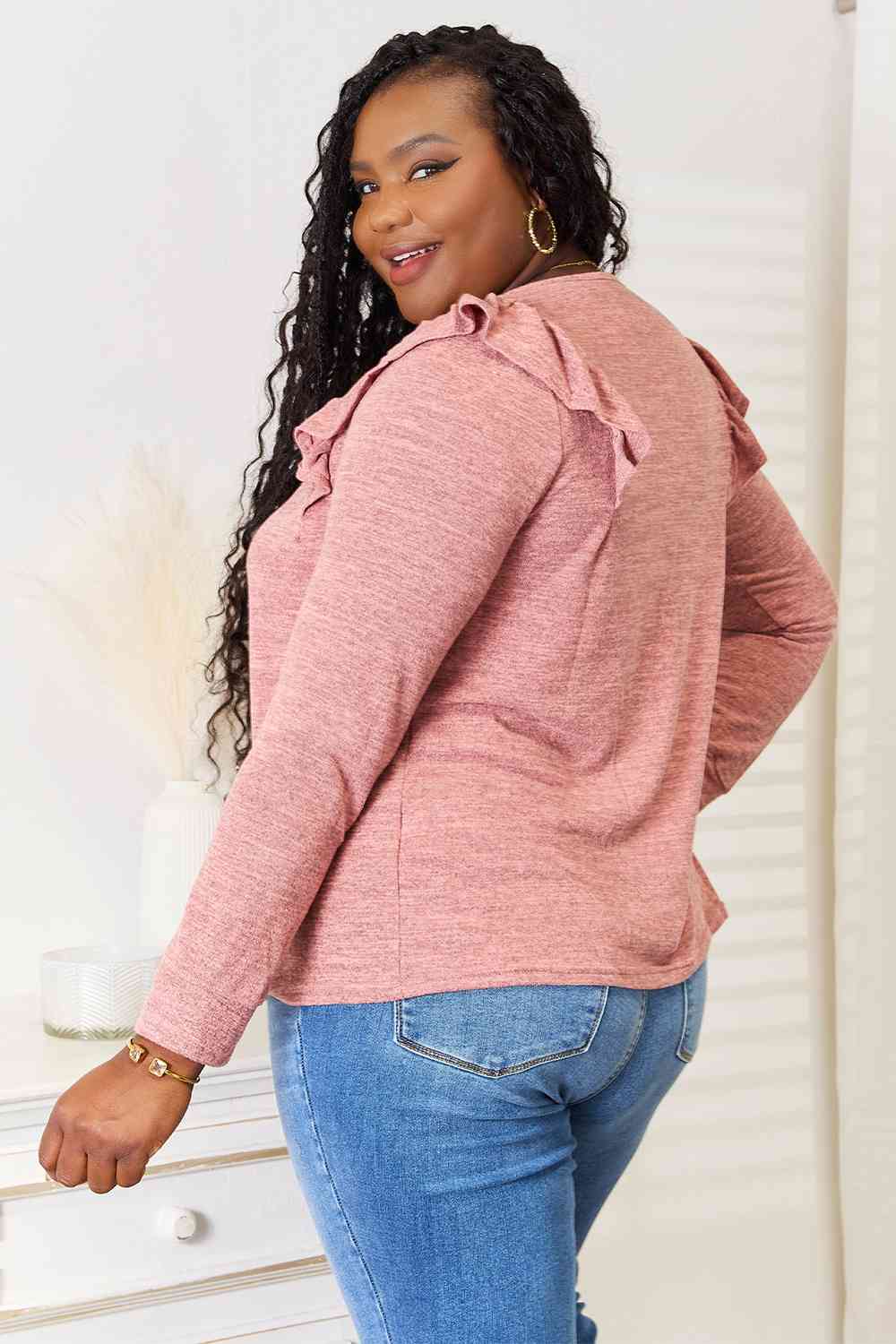 Double Take Square Neck Ruffle Shoulder Long Sleeve T-Shirt BLUE ZONE PLANET