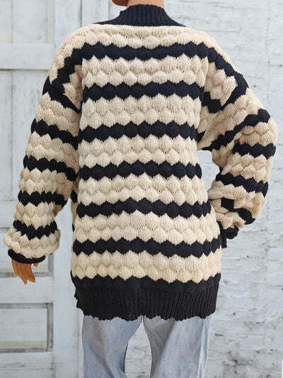 Blue Zone Planet | Striped Contrast Open Front Long Sleeve Cardigan BLUE ZONE PLANET