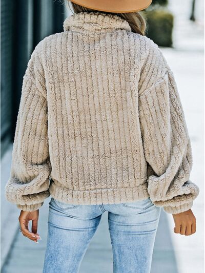 Fuzzy Button Up Collared Neck Jacket BLUE ZONE PLANET