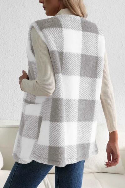 Sherpa Plaid Open Front Vest Coat BLUE ZONE PLANET