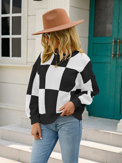 Checkered Round Neck Dropped Shoulder Sweater BLUE ZONE PLANET