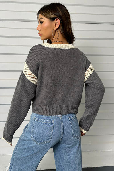 Blue Zone Planet | Contrast Openwork Long Sleeve V-Neck Sweater BLUE ZONE PLANET