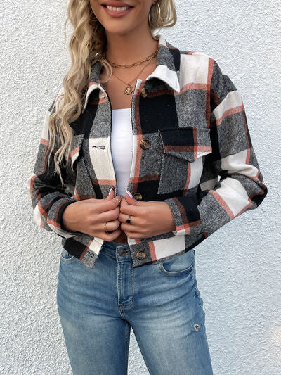 Blue Zone Planet | Plaid Button Up Drop Shoulder Cropped Jacket BLUE ZONE PLANET