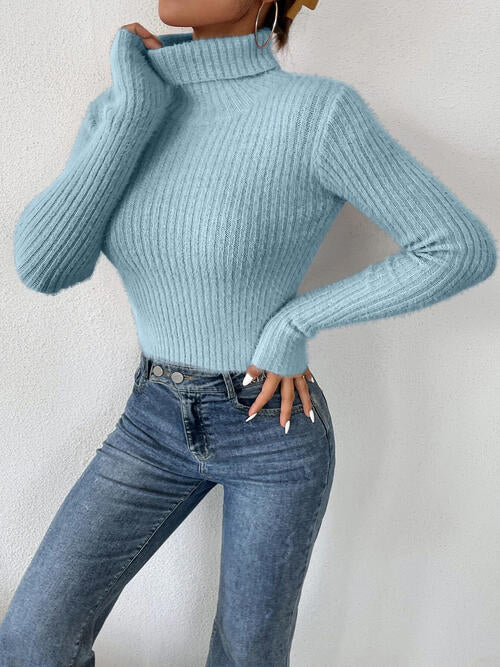 Ribbed Turtleneck Long Sleeve Sweater BLUE ZONE PLANET