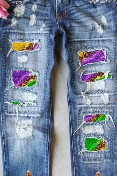 Mardi Gras Sequin Distressed Straight Jeans BLUE ZONE PLANET