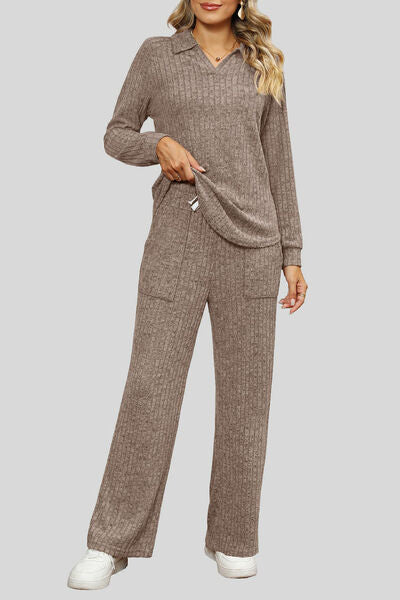Blue Zone Planet | Ribbed Long Sleeve Top and Pocketed Pants Set BLUE ZONE PLANET