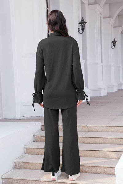 Blue Zone Planet | Drawstring Flounce Sleeve Shirt and Pants Set BLUE ZONE PLANET