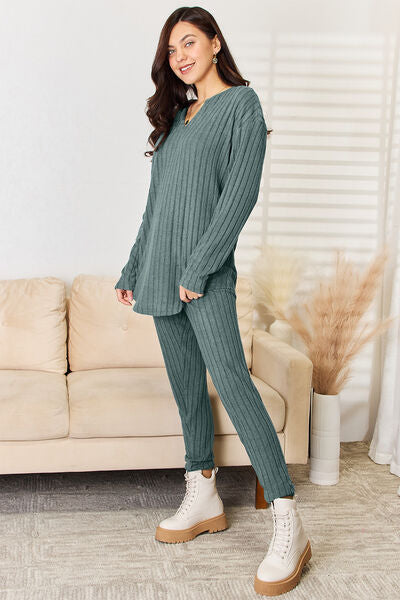 Blue Zone Planet | Basic Bae Full Size Notched Long Sleeve Top and Pants Set BLUE ZONE PLANET