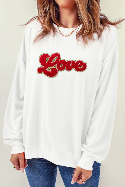 Blue Zone Planet | LOVE Embroidered Round Neck Dropped Shoulder Sweatshirt BLUE ZONE PLANET