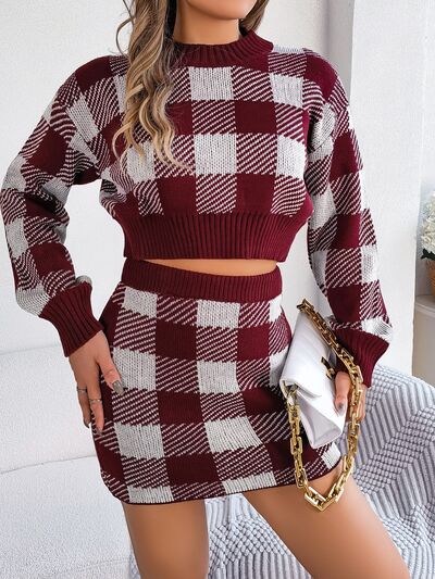 Blue Zone Planet | Plaid Round Neck Top and Skirt Sweater Set BLUE ZONE PLANET