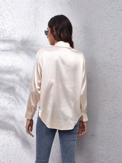 Button Up Collared Neck Long Sleeve Shirt BLUE ZONE PLANET