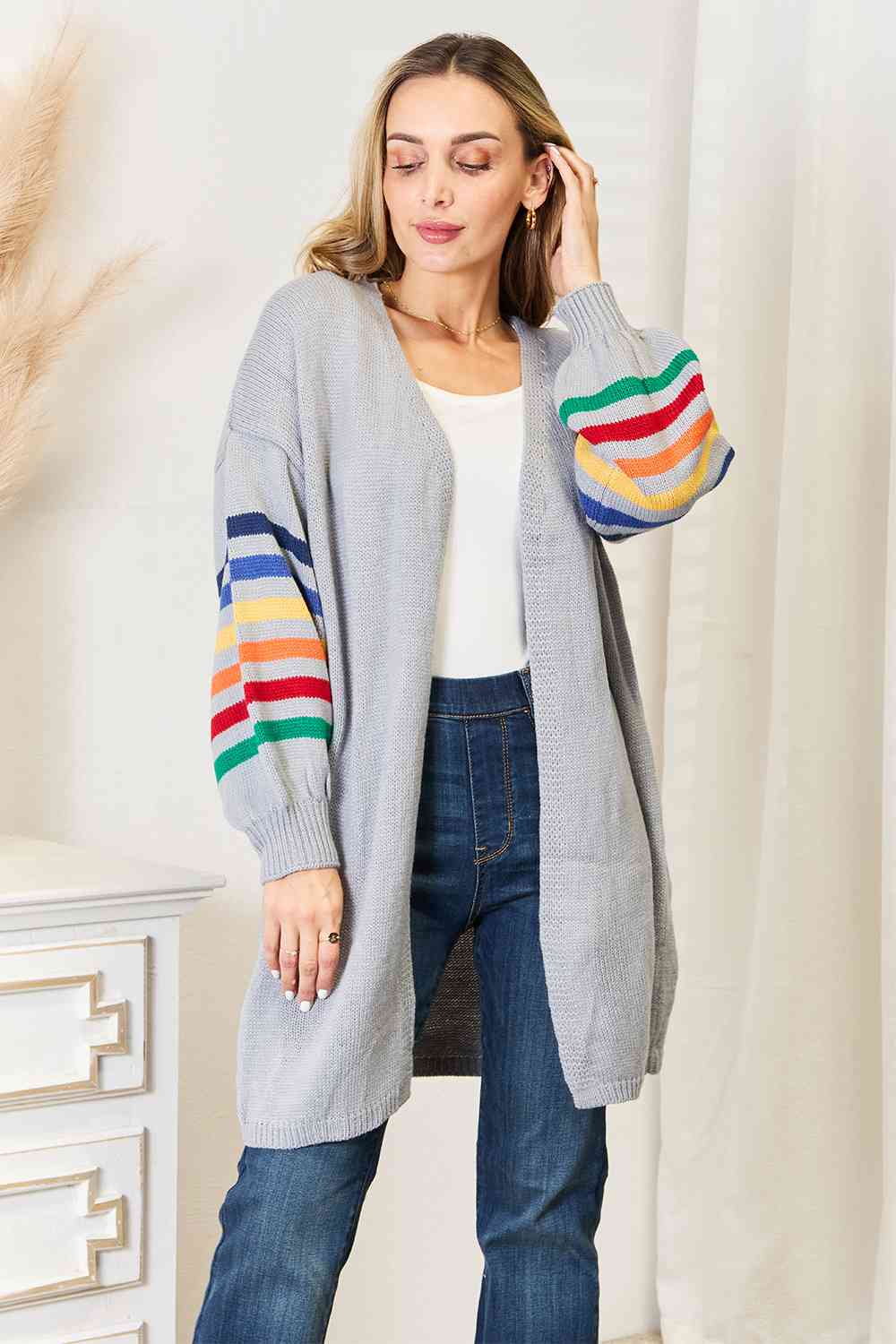 Double Take Multicolored Stripe Open Front Longline Cardigan BLUE ZONE PLANET