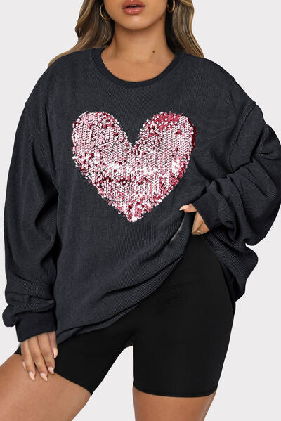 Blue Zone Planet | Plus Size Heart Sequin Round Neck Sweatshirt BLUE ZONE PLANET