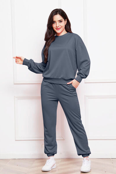 Blue Zone Planet | Round Neck Long Sleeve Sweatshirt and Pants Set BLUE ZONE PLANET