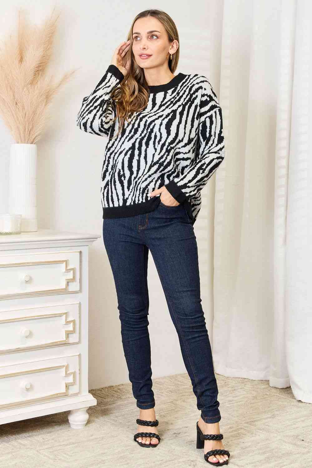 Heimish Full Size Zebra Print Sweater BLUE ZONE PLANET