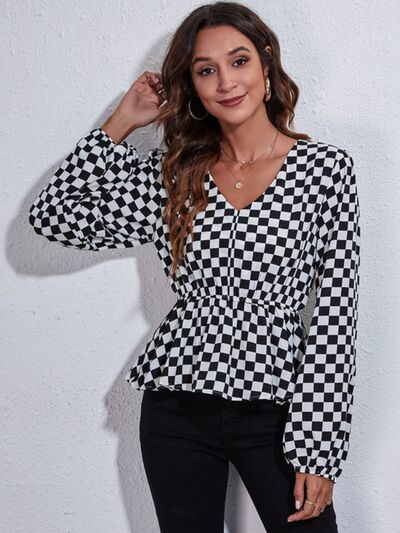 Checkered V-Neck Balloon Sleeve Peplum Blouse BLUE ZONE PLANET