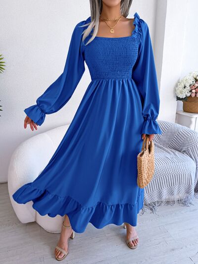 Smocked Square Neck Flounce Sleeve Dress BLUE ZONE PLANET