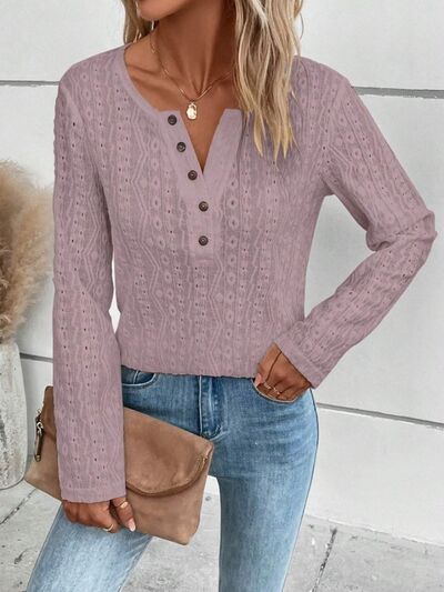 Blue Zone Planet | Openwork Half Button Long Sleeve Blouse BLUE ZONE PLANET
