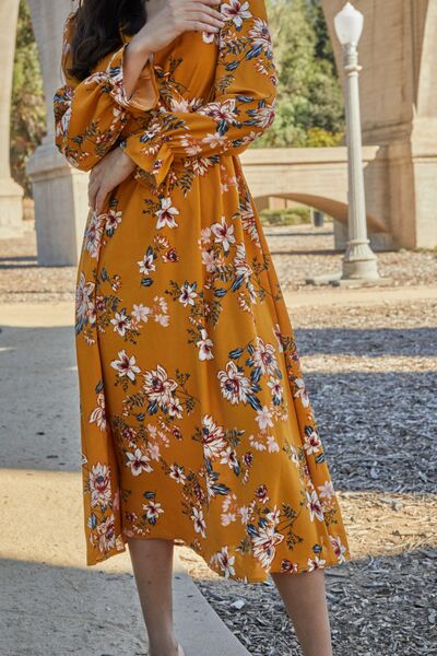 Double Take Full Size Floral Tie Back Flounce Sleeve Dress BLUE ZONE PLANET