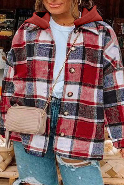 Blue Zone Planet | Plus Size Plaid Button Up Hooded Jacket BLUE ZONE PLANET