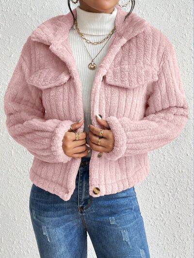 Blue Zone Planet | Fuzzy Button Up Collared Neck Jacket BLUE ZONE PLANET