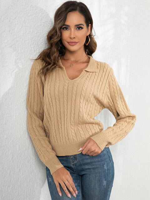 Johnny Collar Cable-Knit Long Sleeve Sweater BLUE ZONE PLANET