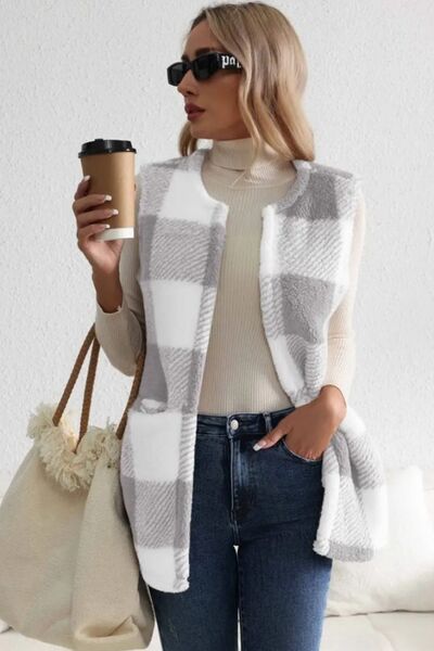 Sherpa Plaid Open Front Vest Coat BLUE ZONE PLANET