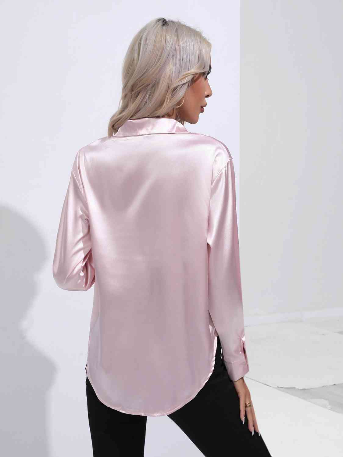 Collared Neck Buttoned Long Sleeve Shirt BLUE ZONE PLANET