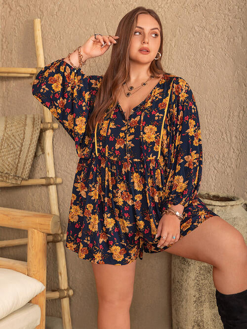 Plus Size Floral Tie Neck Balloon Sleeve Romper BLUE ZONE PLANET