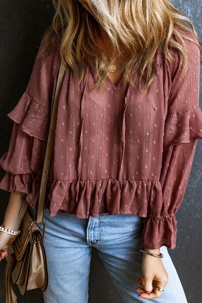 Swiss Dot Tie Neck Flounce Sleeve Blouse Trendsi