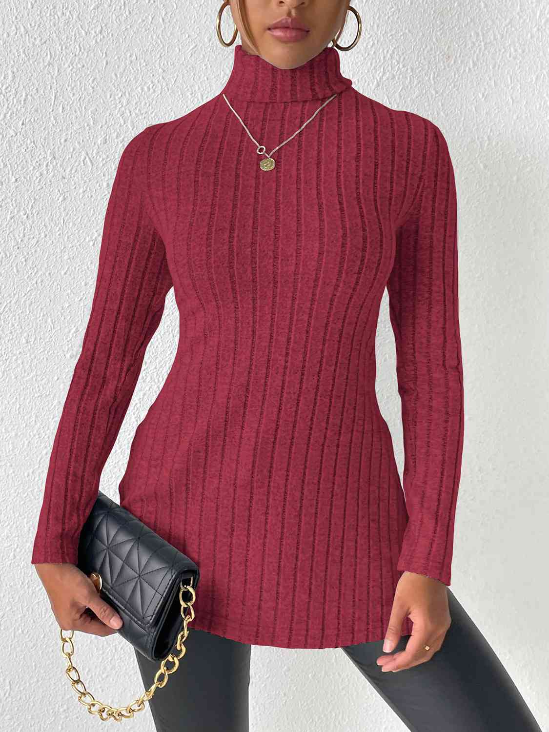 Ribbed Turtleneck Long Sleeve Slit T-Shirt BLUE ZONE PLANET