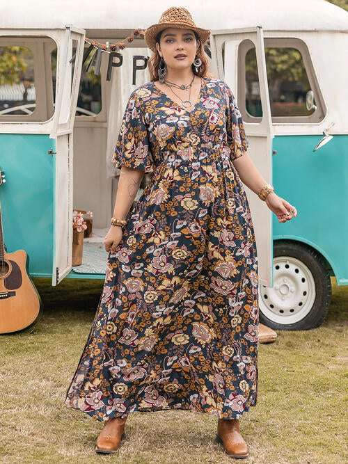 Floral V-Neck Short Sleeve Slit Dress BLUE ZONE PLANET