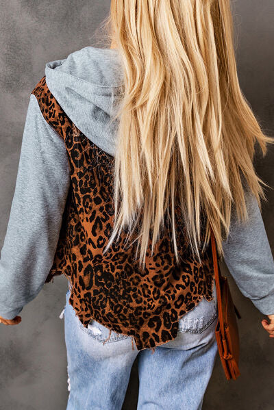 Blue Zone Planet | Leopard Distressed Drawstring Hooded Denim Jacket BLUE ZONE PLANET